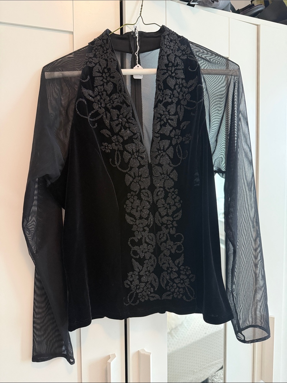 Black Velvet Floral-Embroidered V-Neck Blouse